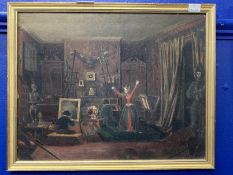 19th cent. Oil on board interior scene with figures impersonating the arts, framed. 16ins. x 12½
