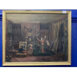 19th cent. Oil on board interior scene with figures impersonating the arts, framed. 16ins. x 12½