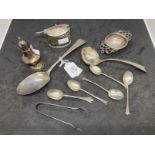 Hallmarked Silver: Collection of mustard pot and spoons, tablespoon, pepper pot, tea strainer,