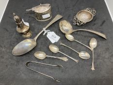 Hallmarked Silver: Collection of mustard pot and spoons, tablespoon, pepper pot, tea strainer,