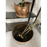 Metalware: Large copper log bucket and helmet scuttle, plus brass fire irons-tongs, shovel, poker