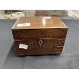 Early 20th cent. Brass inlaid hardwood box containing six small glass bottles with stoppers. 6¼