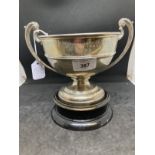 Hallmarked Silver: Prize trophy inscribed Letchworth Hall 4th June 1929, on treen stand. 11ozt.