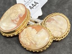 Jewellery: Yellow metal three shell cameo brooches plus one rope style ring, size M, all test as 9ct