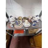 20th cent. Ceramics: Stoneware tankard, brown mug white sprigging depicting grapes, two sauce