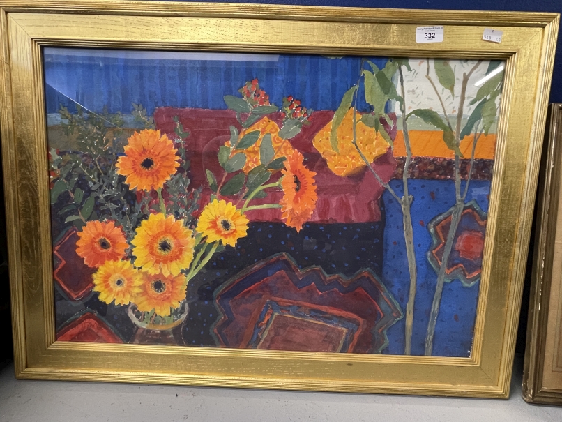 Geraldine Girvan (1947): Watercolour titled Blue Room with Gerbera signed and dated '00. Framed