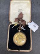 Hallmarked Gold: 9ct gold open faced key wind pocket watch gold coloured dial, black Roman numerals,