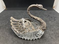 Hallmarked Silver: Bon bon dish in the form of a swan, head and wings silver, body cut glass.