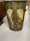 Late 18th cent. Painted bow front corner cupboard the doors painted with a rural farmyard scene of