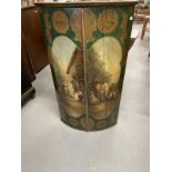 Late 18th cent. Painted bow front corner cupboard the doors painted with a rural farmyard scene of