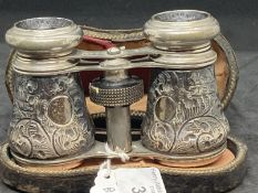 Hallmarked Silver: Opera glasses in fitted case with scroll and floral decoration hallmarked