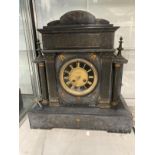 Clocks: 19th cent. Slate mantel clock retailed by Haslehurst of Devizes with stylised Neo-