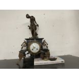 19th cent. French Spelter mounted marble mantel clock with white enamelled face. The figure with