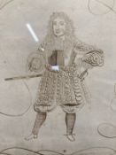 Charles II 17th cent. Pen and ink illuminated study standing with sceptre. Legend Charles, Roy D.