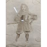 Charles II 17th cent. Pen and ink illuminated study standing with sceptre. Legend Charles, Roy D.