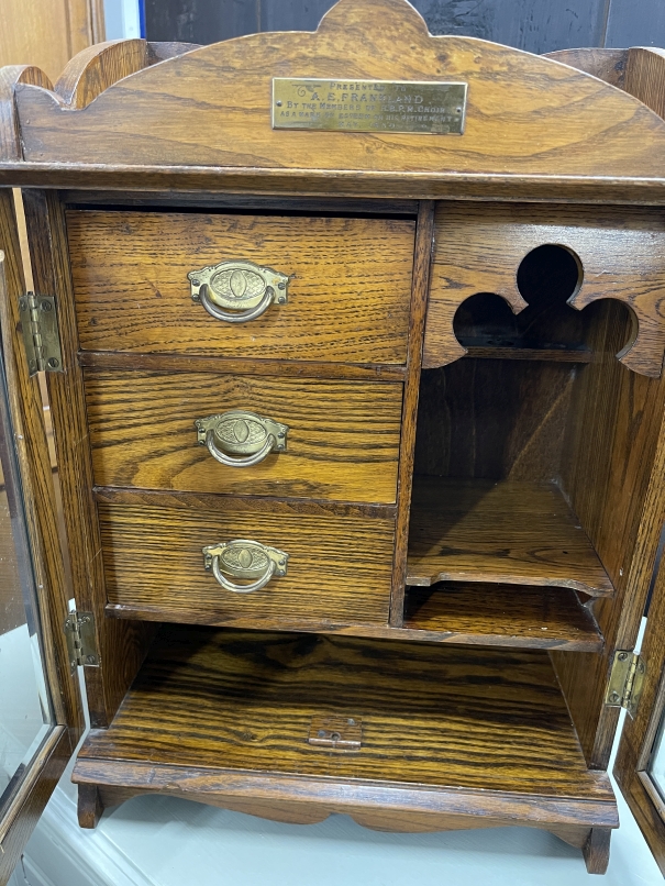 20th cent. Oak smokers companion glazed door, fitted interior of three drawers, pipe rack, storage - Image 3 of 7