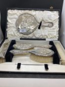 Hallmarked Silver: 1920s boxed five piece dressing table set, Birmingham 1928/29, H. Matthews.