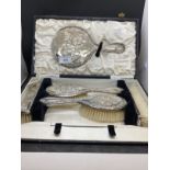 Hallmarked Silver: 1920s boxed five piece dressing table set, Birmingham 1928/29, H. Matthews.