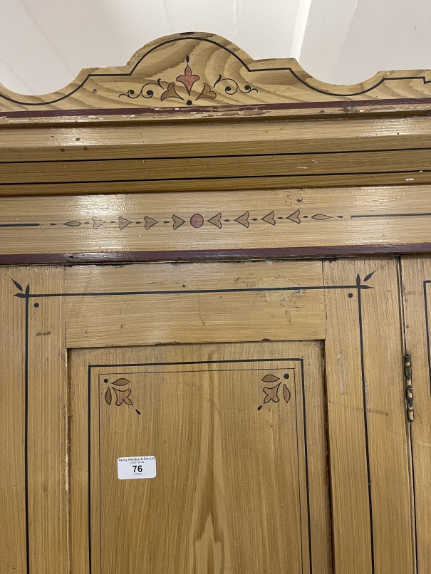 Early 20th cent. Art Nouveau pine wardrobe with single drawer below and stencilled decoration with - Image 2 of 4