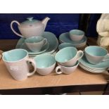 Poole: Art Deco style six place tea set in a blue/grey palette.