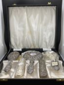 Hallmarked Silver: 1950s Broadway & Co cased dressing table set, mirror, two hairbrushes (one