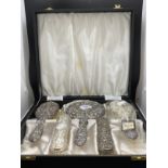 Hallmarked Silver: 1950s Broadway & Co cased dressing table set, mirror, two hairbrushes (one