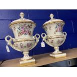 20th cent. German Dresden porcelain potpourri vases with bolted bases, fanciful handles, decorated