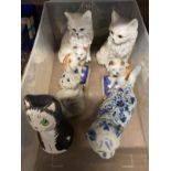 20th cent. Ceramics: Quarry Critters Cat, Staffordshire style cats on blue cushions, white