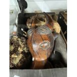 Tribal Art: Mixed lot to include a buffalo head mask, treen bell, carved bird shaped box, carved