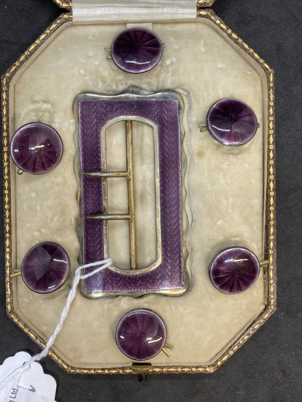 Hallmarked silver decorated with purple enamel buckle and buttons set. Total weight 49.5g. - Image 2 of 5