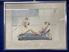 Art: Watercolour, Marguerite Littman on a sun lounger, with friend, unsigned, inscribed 'for
