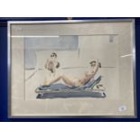 Art: Watercolour, Marguerite Littman on a sun lounger, with friend, unsigned, inscribed 'for