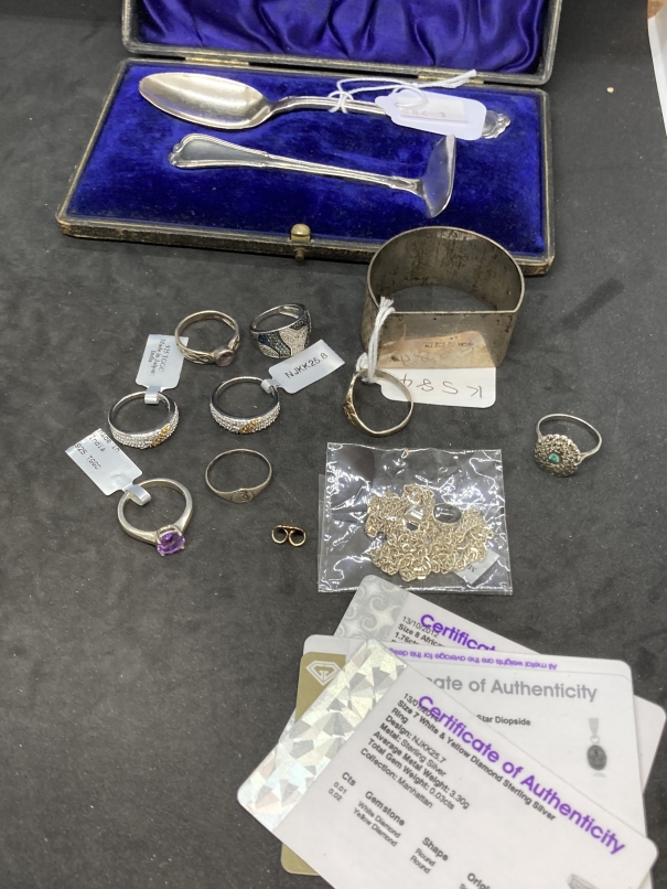 20th cent. Sterling Silver: Jewellery, baby spoon and pusher, gemstone and sterlings, rings, etc.
