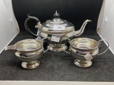 Hallmarked Silver: Three piece tea set, teapot, milk jug and sugar bowl. Hallmarked Birmingham 1933.