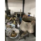 20th cent. Ethnic Metalware: Bucket, squirrel nutcrackers, birds, enamel bowl and saucer.