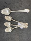 Hallmarked Georgian Silver: Three tablespoons possibly 1779/80 and one dessert spoon William IV.