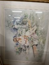 Gordon King (1939) coloured print young lady with flowers, framed and glazed. 27ins. x 20ins.