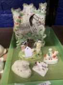 Late 19th/Early 20th cent. Ceramics: Pastille castle A/F, Walton style figure group of lady and