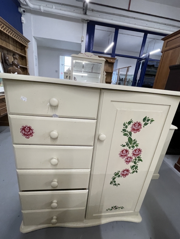 20th cent. Painted pine children's wardrobe chest of six drawers combination, decorated with