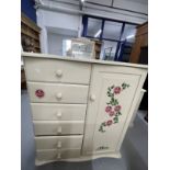 20th cent. Painted pine children's wardrobe chest of six drawers combination, decorated with