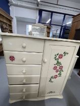 20th cent. Painted pine children's wardrobe chest of six drawers combination, decorated with