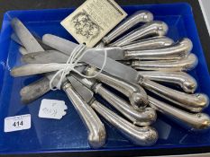 Georgian table knives, steel blades and white metal pistol handles, c1770, handles test as