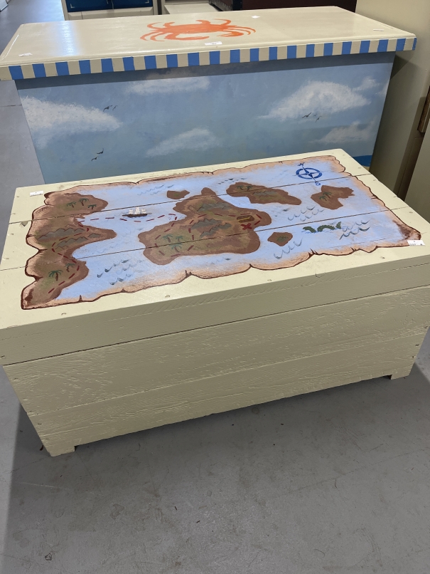 20th cent. Painted pine chest decorated with a beach scene. 37½ins. x 17½ins. x 21½ins. Plus a - Image 2 of 2