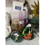 Caithness: Paperweights Festive Kisses boxed and Jubilee Rose, Caithness Commemorative topaz