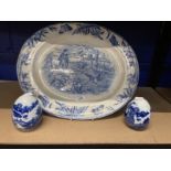 19th cent. English Ceramics: Blue/white meat oval the design depicting bird prey and other birds