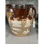 19th cent. Ceramics: Glazed stoneware harvest jug with hallmarked silver rim, Sheffield 1988/89.