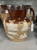 19th cent. Ceramics: Glazed stoneware harvest jug with hallmarked silver rim, Sheffield 1988/89.