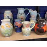 20th cent. Ceramics: Katherine Lloyd of Dorset jugs x 3, vases x 4, all decorated with hand