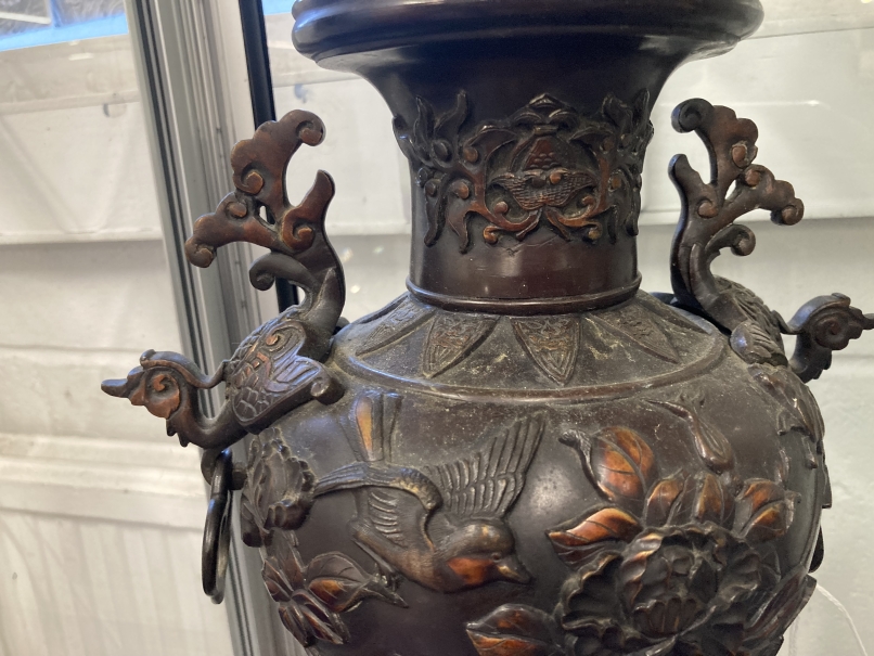 19th/20th cent. Japanese bronzed vase embossed decorated with floral and bird reliefs. Phoenix - Image 2 of 4