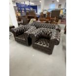 20th cent. Leather Chesterfield and matching pair of armchairs on bun feet. Settee length 80ins.